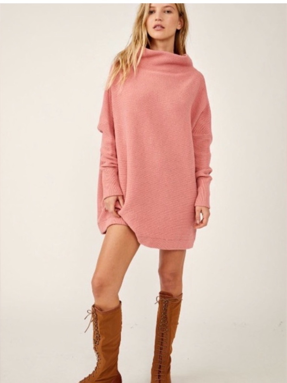 Free People Dusty Rose Oversized Cowl Neck Sweater Tunic